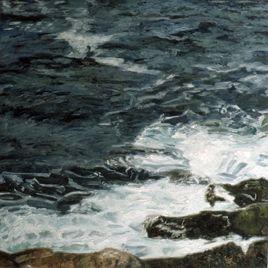 Painting of water crashing on rocks.